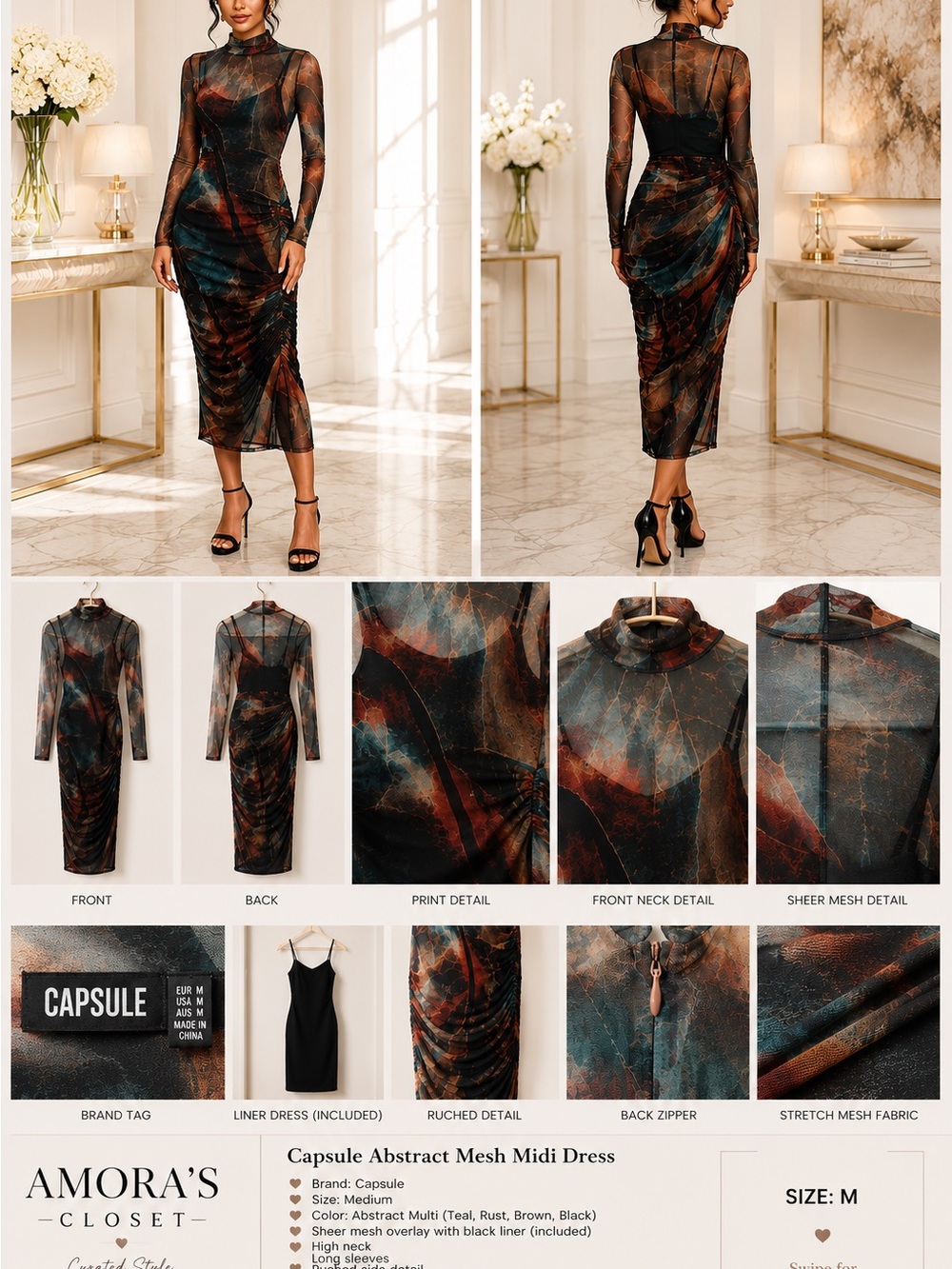 Capsule Abstract Multi-Color Mesh Midi Dress - Rust/Teal